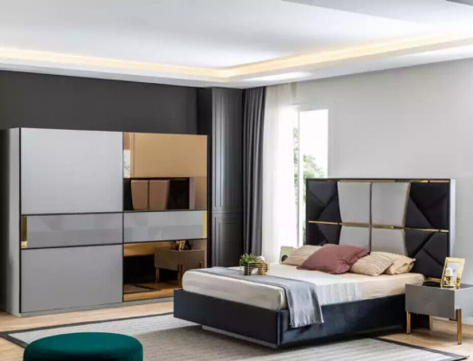 Elegante slaapkamermeubels. Moderne ontwerpen in warme donkere tinten.