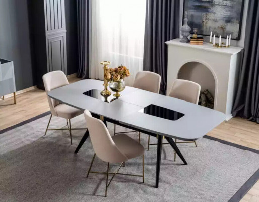 Moderne, absoluut prachtige tafel met stoelen in grijze en beige tinten.