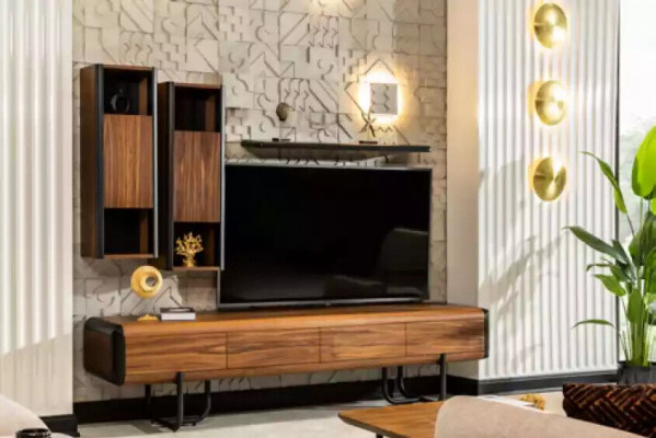 Een prachtige televisiekast met wandplanken in loftstijl die een stijlvolle uitstraling aan uw woonkamer geeft.