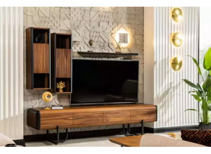 Een prachtige televisiekast met wandplanken in loftstijl die een stijlvolle uitstraling aan uw woonkamer geeft.