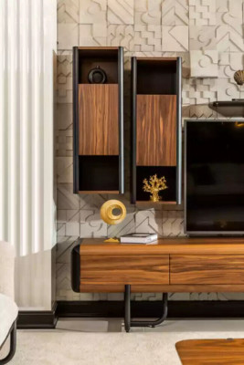 Een prachtige televisiekast met wandplanken in loftstijl die een stijlvolle uitstraling aan uw woonkamer geeft.