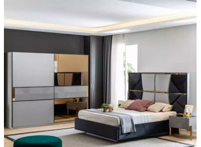 Perfecte slaapkamermeubelset in grijstinten met gouden inlegwerk.