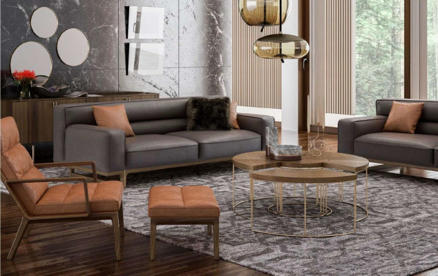 Bruine woonkamerset Luxueuze 3-zits Stivloller fauteuil Beklede poef