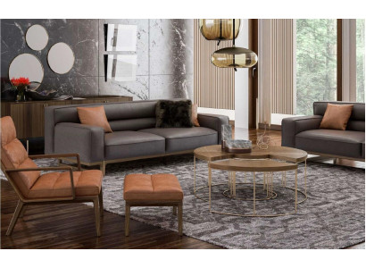 Bruine woonkamerset Luxueuze 3-zits Stivloller fauteuil Beklede poef