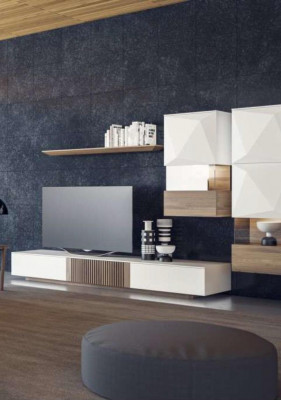 Luxe walnoot natuur Moderne witte woonwand tv-standaard dressoir wandplanken
