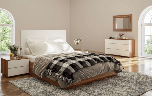 Wit-bruine slaapkamer set luxe houten meubels bed nachtkastjes commode