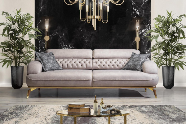 Luxe driezitsbank 3-zitsstoffenbanken Houten ontwerp grijs Chesterfield.
