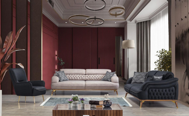 Luxe driezitsbank 3-zitsstoffenbanken Houten ontwerp grijs Chesterfield.
