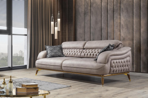 Luxe driezitsbank 3-zitsstoffenbanken Houten ontwerp grijs Chesterfield.