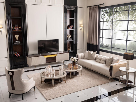 Woonkamergroep driezits fauteuil stoffen bankstel 6-delig beige salontafels