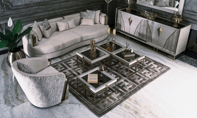 Luxe stoffen bankstel met fauteuil en salontafel set van 7 stuks in het grijs.