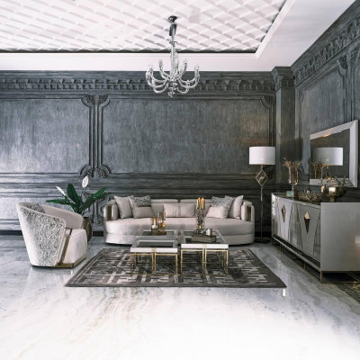 Luxe stoffen bankstel met fauteuil en salontafel set van 7 stuks in het grijs.