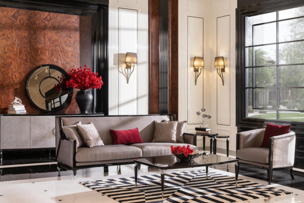 Sofa set met driezitsbank, fauteuil en salontafels, 5-delig grijs stoffen bankstel.