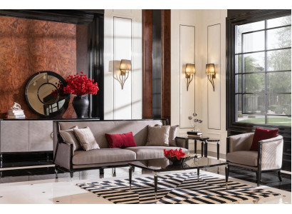 Sofa set met driezitsbank, fauteuil en salontafels, 5-delig grijs stoffen bankstel.