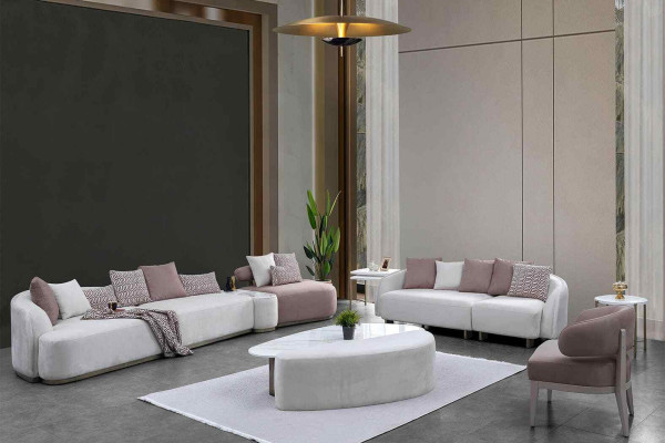 Bankstel Grote bank Gestoffeerde bank Stoffen bank Roze Driezitsbank Set 4-delig