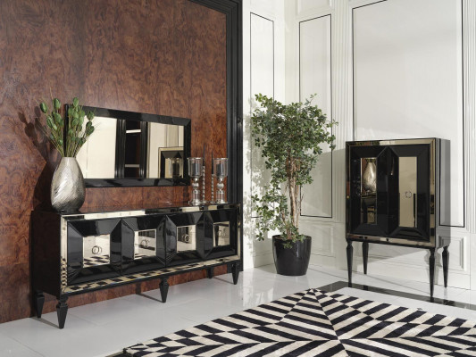 Volledige spiegel barkast zwart hout dressoir kast