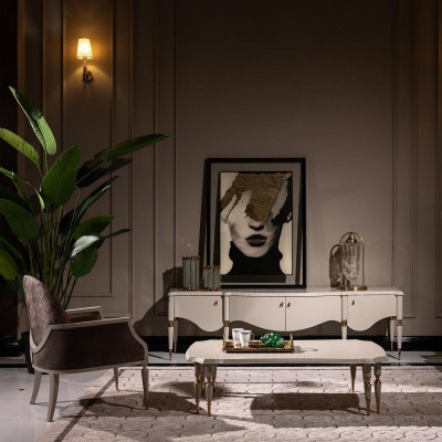 Stel woonkamer fauteuil stof salontafel RTV Lowboard 3-delig beige hout