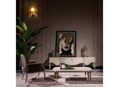 Stel woonkamer fauteuil stof salontafel RTV Lowboard 3-delig beige hout