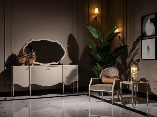 Woonkamerset 4-delig Fauteuil Bijzettafel Dressoir Spiegel Beige