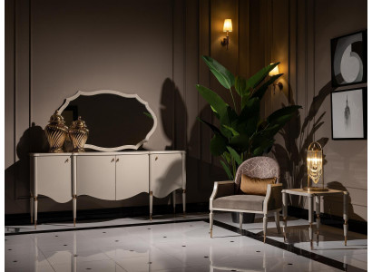 Woonkamerset 4-delig Fauteuil Bijzettafel Dressoir Spiegel Beige