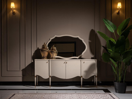 Woonkamerset 4-delig Fauteuil Bijzettafel Dressoir Spiegel Beige