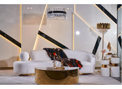 Modern wit bankstel, luxe bekleding, 3-zits halfronde salontafel, 2-delig