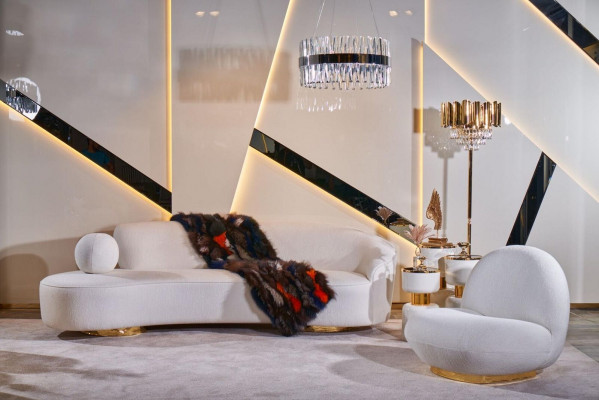 Modern wit bankstel, luxe bekleding, 3-zits halfronde salontafel, 2-delig