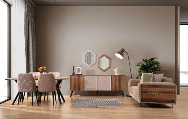 Moderne eetkamermeubels Beige 3-zits eettafel Luxe 4 stoelen Spiegel