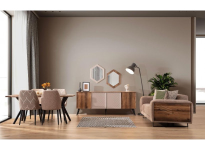 Moderne eetkamermeubels Beige 3-zits eettafel Luxe 4 stoelen Spiegel