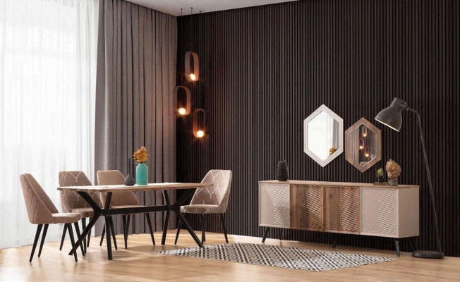 Beige eetkamer Moderne eetkamerset Eettafel Dressoir 2x spiegel