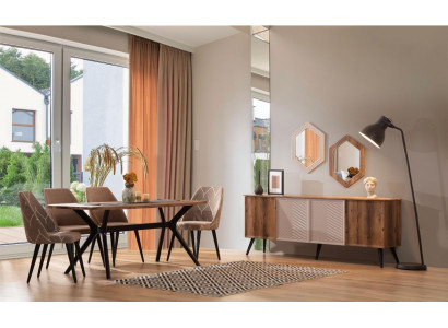 Bruine moderne eetkamerset dressoir houten eettafel 2x spiegel 8-delig