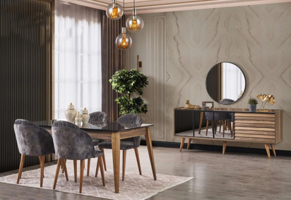 Complete bruine eetkamerset eettafel 4 stoelen dressoir 7-delig