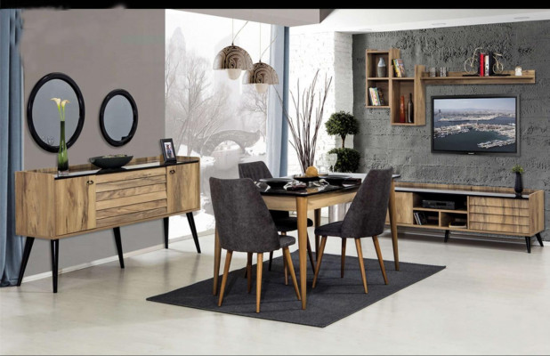 Zwart-bruine eetkamerset Eettafel 4x stoelen Dressoir Spiegel 8-delig