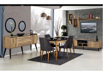 Zwart-bruine eetkamerset Eettafel 4x stoelen Dressoir Spiegel 8-delig