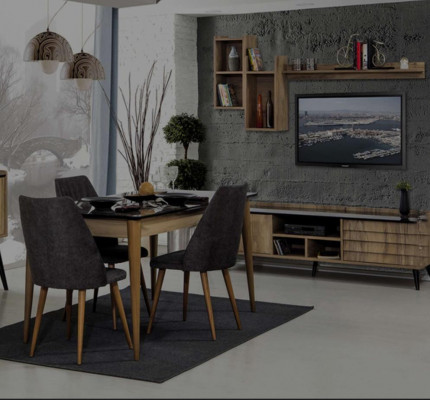 Zwart-bruine eetkamerset Eettafel 4x stoelen Dressoir Spiegel 8-delig