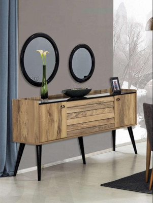 Zwart-bruine eetkamerset Eettafel 4x stoelen Dressoir Spiegel 8-delig