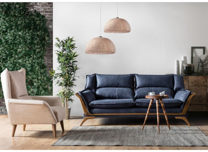 Blauw-witte woonkamerbankstel driepersoons luxe fauteuil bankstel 2-delig