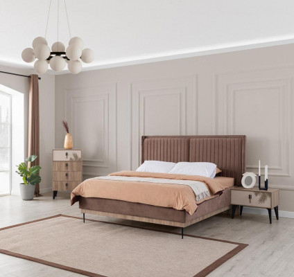 Bruine slaapkamer tweepersoonsbed ontwerper hout Moderne 2x nachtkastjes.