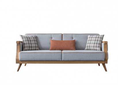 Blauw stoffen bankstel woonkamer driezits gestoffeerd meubilair houten frame bank