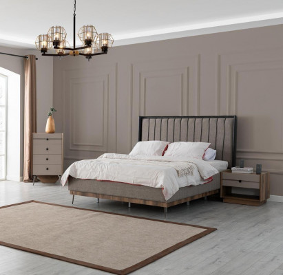 Grijze slaapkamer bed ontwerper houten frame Luxe stoffen bedden Bedden