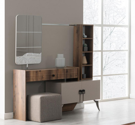 Moderne slaapkamer houten make-uptafel met spiegel, ontwerper luxe meubels.
