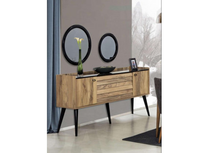 Ontwerper eetkamer meubelset lichtbruin hout dressoir glas spiegel