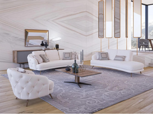 Wit gestoffeerde woonkamerset 4-delig modern 2x driezitsbank design fauteuil.