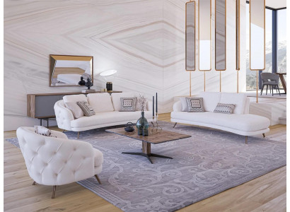 Wit gestoffeerde woonkamerset 4-delig modern 2x driezitsbank design fauteuil.