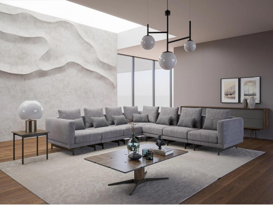 Nieuwe compleet meubel hoekbank L-vorm textiel inrichting woonkamer hout salontafel