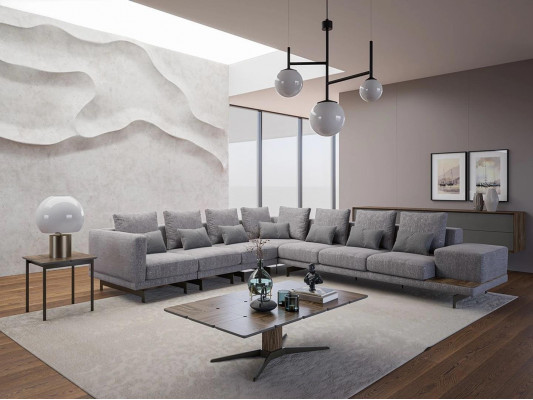 Luxe set woonkamer textiel hoekbank L-vorm hout salontafel met bijzettafel