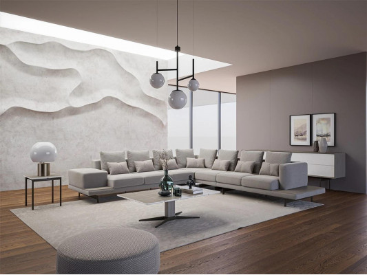 Woonkamer Grijs gestoffeerde hoekbank L-vorm Design salontafel Bijzettafel.