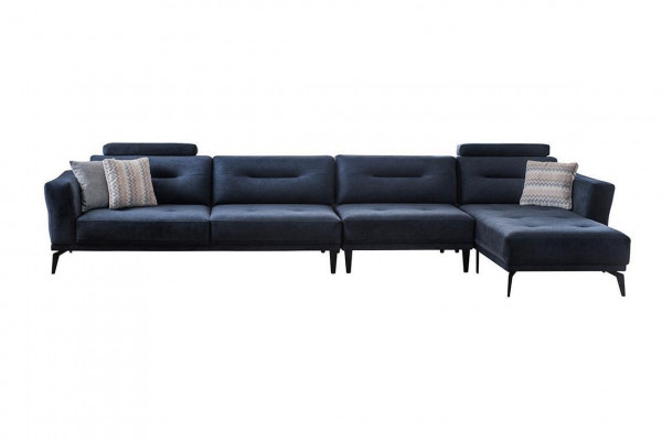 Groot L-vormig donkerblauw hoekbankstel voor moderne luxe inrichting.