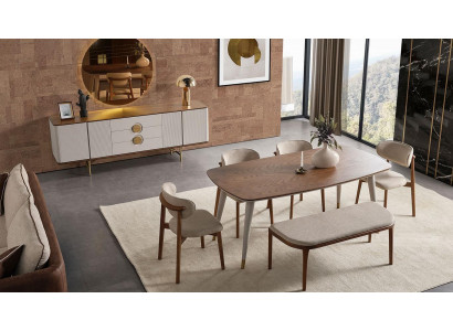 Perfecte eetkamerset met eettafel, 4 stoelen, dressoir, spiegel en bank (8-delig).