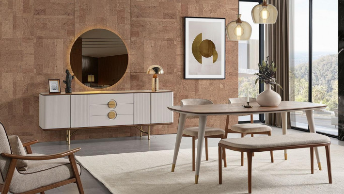 Perfecte eetkamerset met eettafel, 4 stoelen, dressoir, spiegel en bank (8-delig).